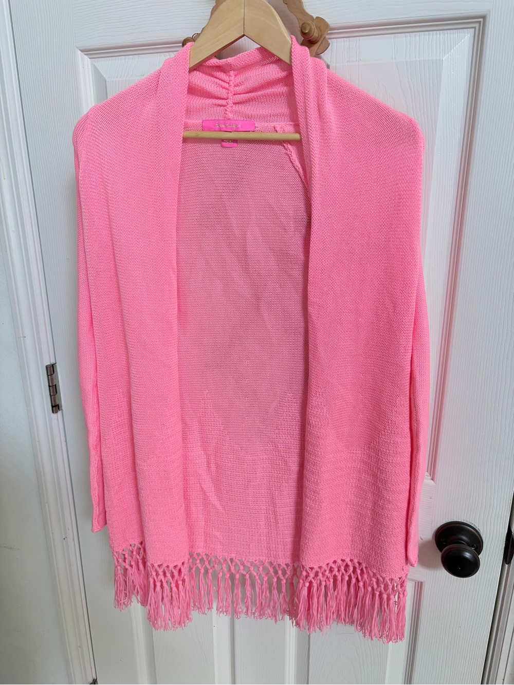 Lilly Pulitzer Bubblegum Pink Open-Front Fringe Knit Cardigan, preppy, beachy